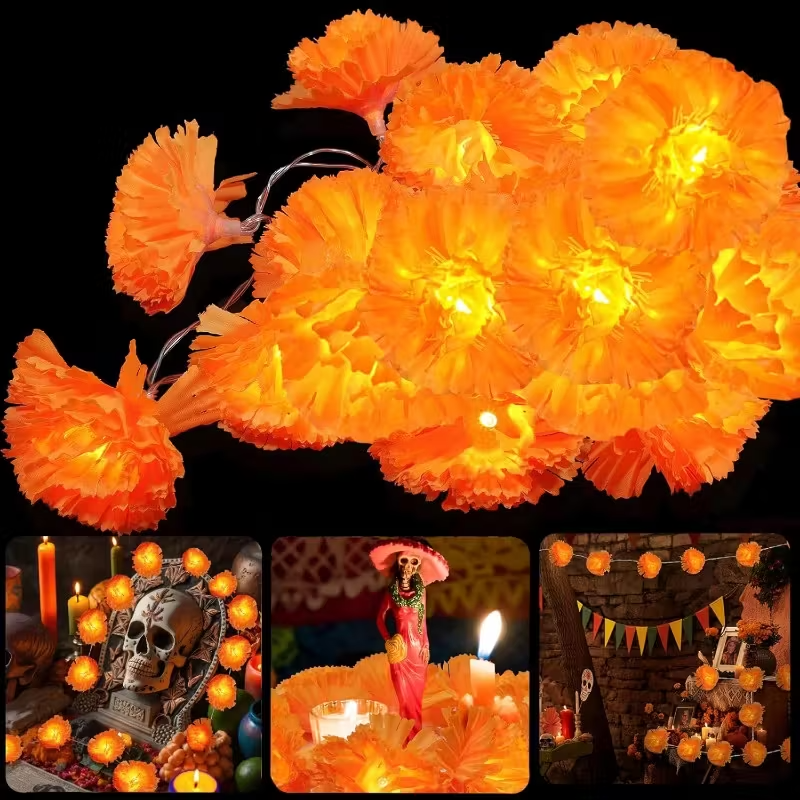 Lighting Decoration For Diwali - 5 Ft LED Orange Marigold Garland