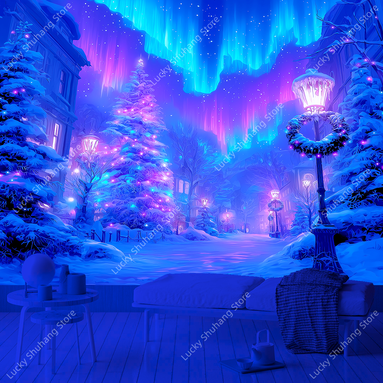 Wall Decor Lighting Tree - Magical Northern Lights UV Tapestry Snowy