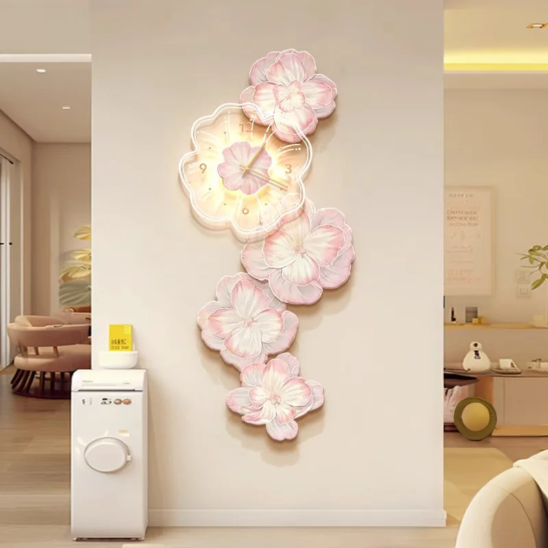 Pink Flower Light Luxury Wall  - Lighting Home Decor Wall Clocks 리뷰 및 가격